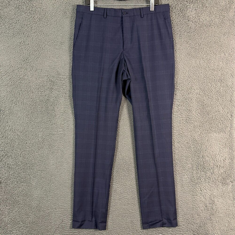Armani Exchange Pants Mens 34x34 Blue Plaid Slim Fit Dress Slacks Wool Stretch